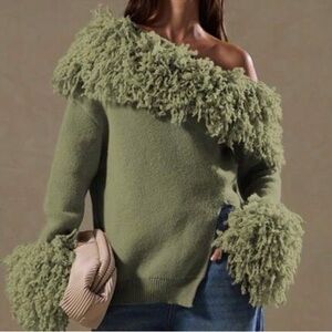 Off-Shoulder Green Sweater with Fringe Details